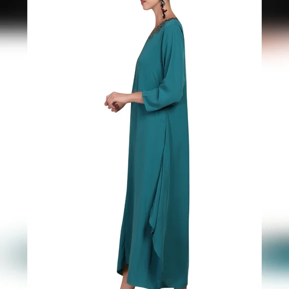KOOMAL SOOD TEAL MAXI DRESS LONG SLEEVE NECK DETAIL SIZE MEDIUM - Picture 5 of 15